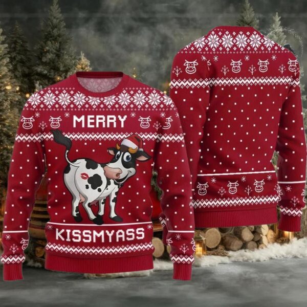 Funny Cow Merry Kissmyass Ugly Sweater Christmas