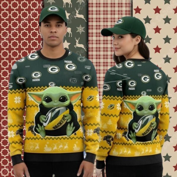Green Bay Packers Baby Yoda Yellow Womens Christmas Ugly Sweater