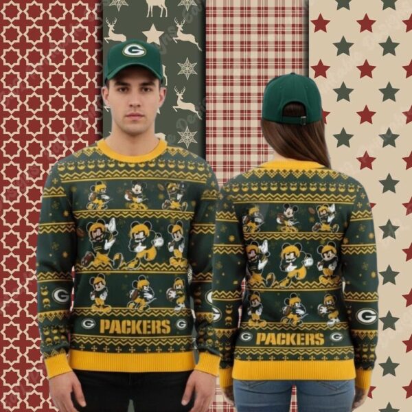 Green Bay Packers Disney Mickey Player Yellow Big Tall Christmas Ugly Sweater