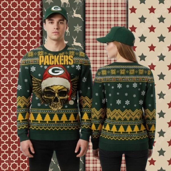 Green Bay Packers Golden Skull Womens Xmas Ugly Sweater