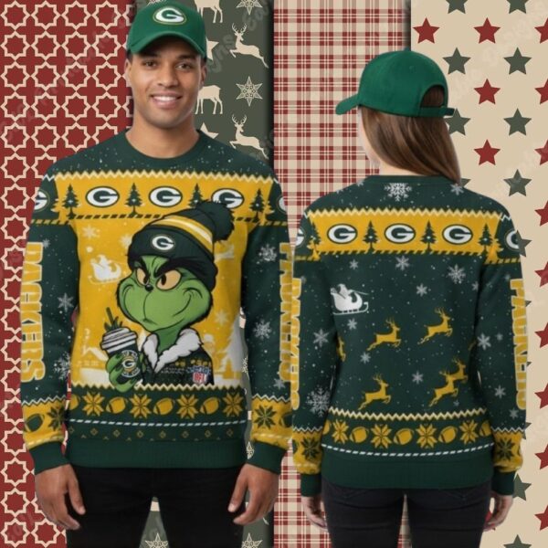 Green Bay Packers Grinch Coffee Yellow Womens Christmas Ugly Sweater