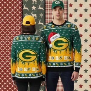 Green Bay Packers Ho Ho Ho Santa Hat Yellow Plus Size Christmas Ugly Sweater