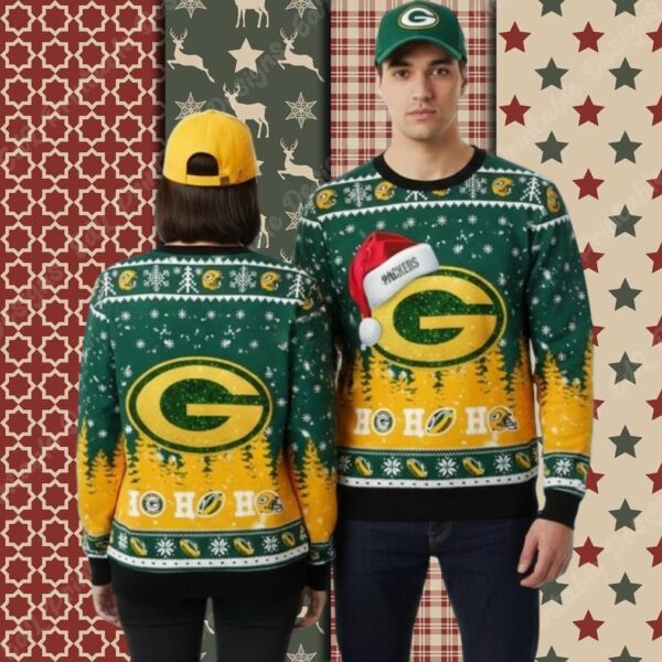 Green Bay Packers Ho Ho Ho Santa Hat Yellow Plus Size Christmas Ugly Sweater