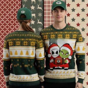 Green Bay Packers Jack Skellington Grinch Mens Christmas Ugly Sweater