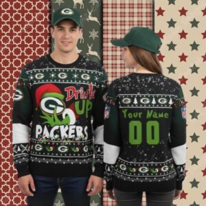 Green Bay Packers Personalized Grinch Drink Up Womens Xmas Ugly Sweater