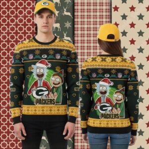 Green Bay Packers Rick And Morty Yellow Mens Christmas Ugly Sweater