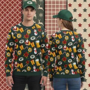 Green Bay Packers Santa Claus Snowman Funny Xmas Ugly Sweater