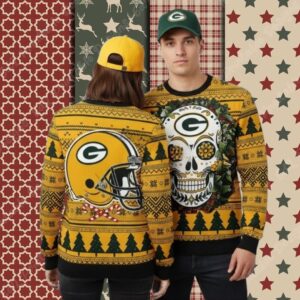 Green Bay Packers Skull Flowers Yellow Funny Christmas Ugly Sweater