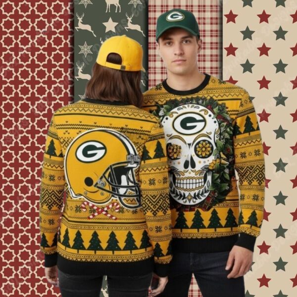 Green Bay Packers Skull Flowers Yellow Funny Christmas Ugly Sweater