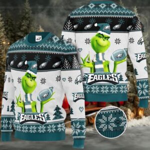 Grinch Philadelphia Eagles 3D Christmas Ugly Sweater Moderntees