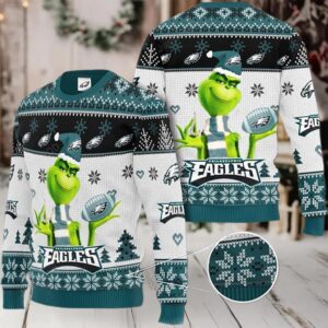 Grinch Philadelphia Eagles 3D Christmas Ugly Sweater Moderntees
