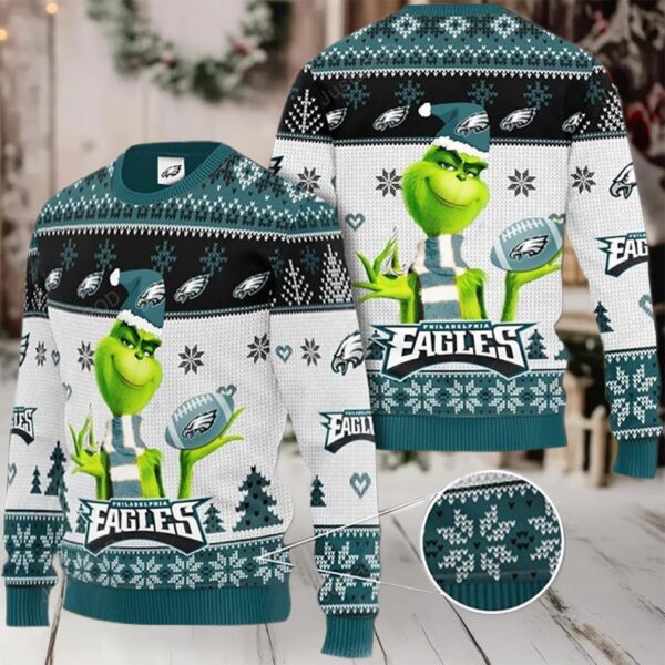 Grinch Philadelphia Eagles 3D Christmas Ugly Sweater Moderntees