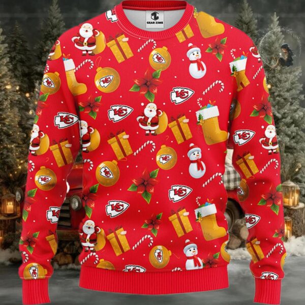 Kansas City Chiefs Santa Claus Snowman Christmas Ugly Sweater Moderntees