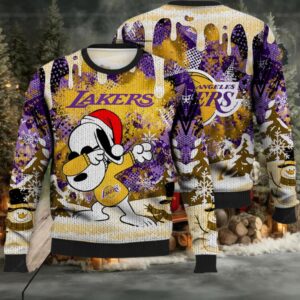 Lakers Ugly Sweater, Snoopy Dabbing The Peanuts Ugly Christmas Sweater 3D, Presents For Christmas Moderntees