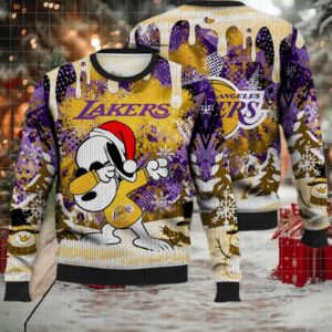 Lakers Ugly Sweater, Snoopy Dabbing The Peanuts Ugly Christmas Sweater 3D, Presents For Christmas Moderntees