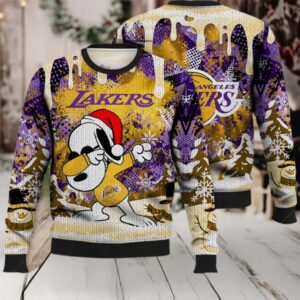 Lakers Ugly Sweater, Snoopy Dabbing The Peanuts Ugly Christmas Sweater 3D, Presents For Christmas Moderntees
