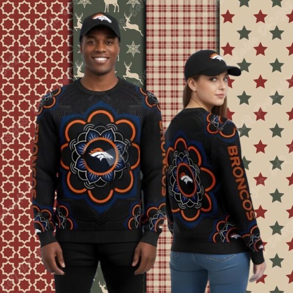Mandala Denver Broncos Black Light Up Xmas Ugly Sweater