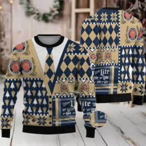 Miller Lite Christmas Diamond Plaid Ugly Sweater