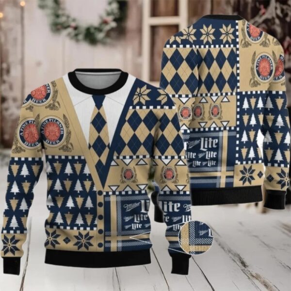 Miller Lite Christmas Diamond Plaid Ugly Sweater