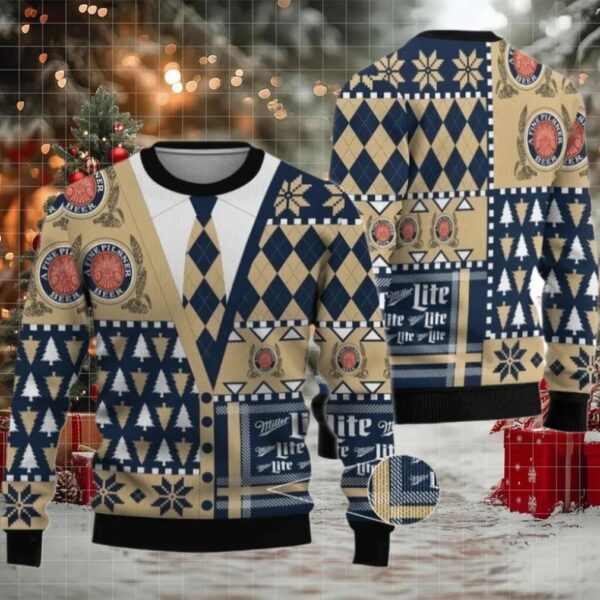 Miller Lite Christmas Diamond Plaid Ugly Sweater