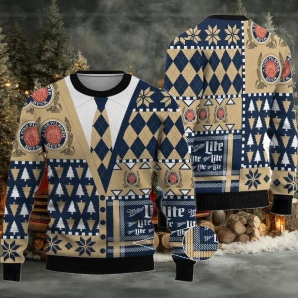 Miller Lite Christmas Diamond Plaid Ugly Sweater
