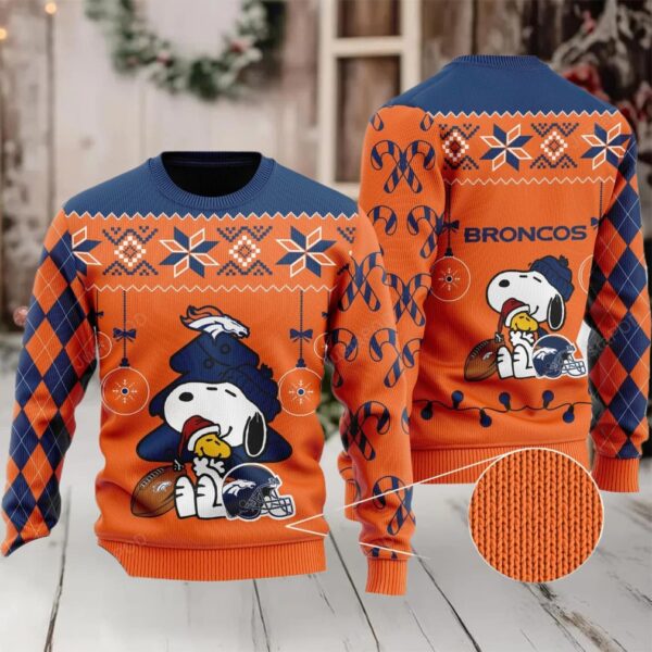 Nfl Denver Broncos Snoopy Orange Blue Christmas Ugly Sweater Moderntees