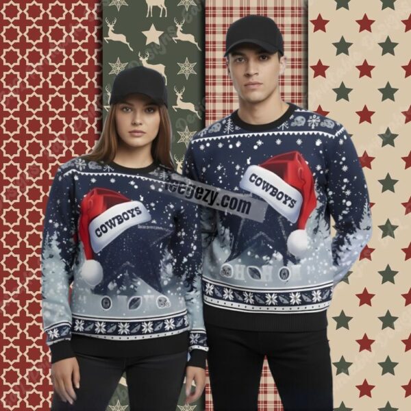 Personalized Dallas Cowboys Claus Hat Blue Christmas Ugly Sweater