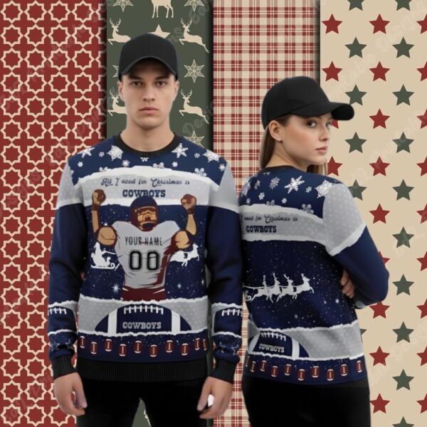 Personalized Dallas Cowboys Player Blue Womens Christmas Ugly Sweater