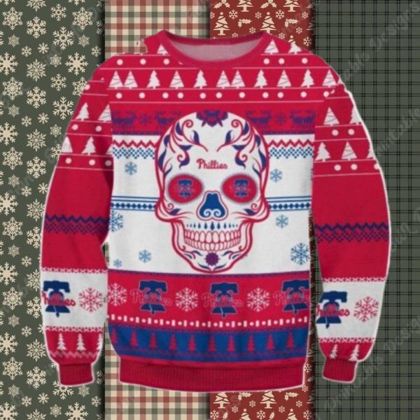 Philadelphia Phillies Skull Design Red And White Ugly Sweater