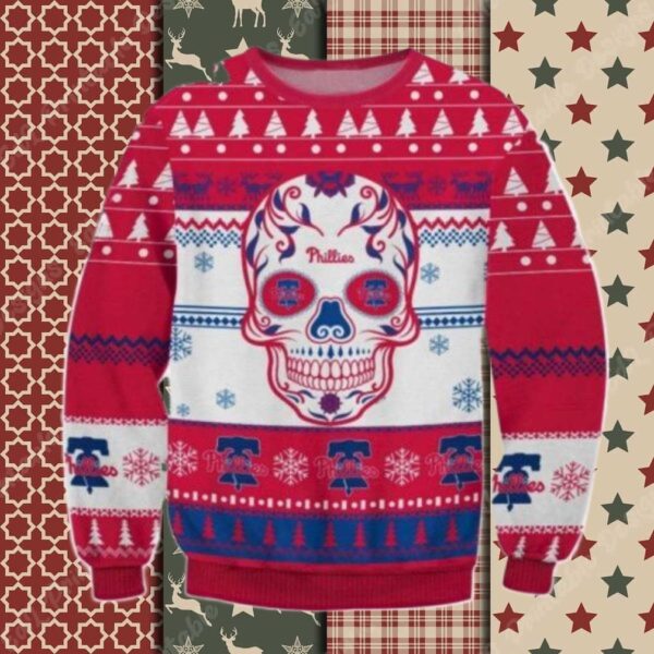 Philadelphia Phillies Skull Design Red And White Ugly Sweater