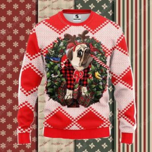 Pug In Reindeer Costume Phillies Christmas Sweater Red