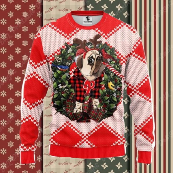 Pug In Reindeer Costume Phillies Christmas Sweater Red