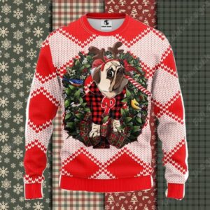 Pug In Reindeer Costume Phillies Christmas Sweater Red