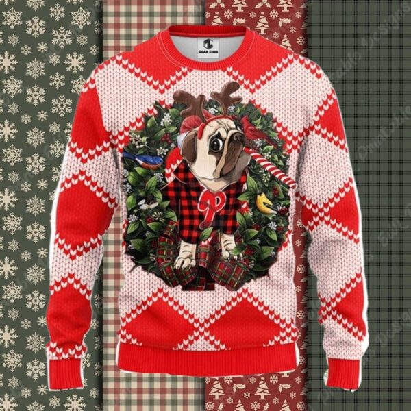 Pug In Reindeer Costume Phillies Christmas Sweater Red