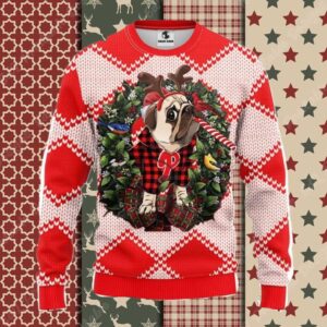 Pug In Reindeer Costume Phillies Christmas Sweater Red