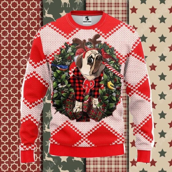 Pug In Reindeer Costume Phillies Christmas Sweater Red