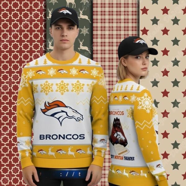 Rocky Mountain Denver Broncos Yellow White Party Xmas Ugly Sweater