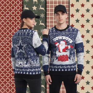 Santa Claus On Chimney Dallas Cowboys Blue Family Xmas Ugly Sweater