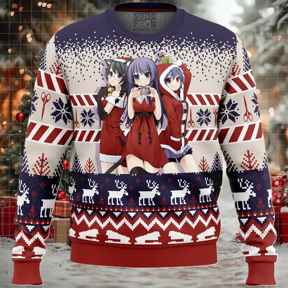 Santa Hitagi, Tsubasa, and Suruga Bakemonogatari Ugly Christmas Sweater Image 1