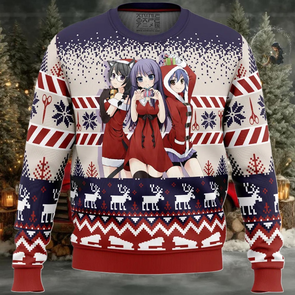 Santa Hitagi, Tsubasa, and Suruga Bakemonogatari Ugly Christmas Sweater Image 2