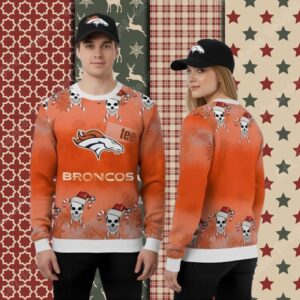 Santa Skull Denver Broncos Orange White Funny Christmas Ugly Sweater