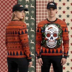 Skull Flower Denver Broncos Orange Xmas Ugly Sweater