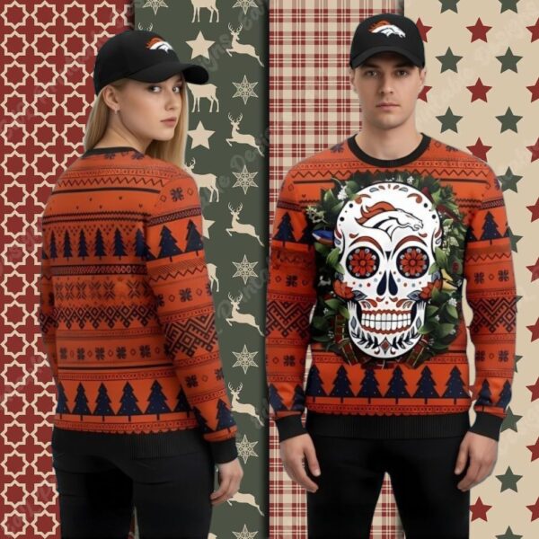 Skull Flower Denver Broncos Orange Xmas Ugly Sweater