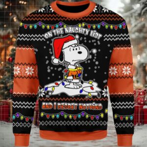 Snoopy On The Naughty List And I Regret Nothing Ugly Sweater, Snoopy Christmas Light Christmas Sweater, Snoopy Gift, Snoopy Shirt Moderntees