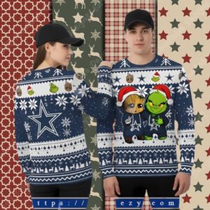 The Grinch And Baby Groot Dallas Cowboys Blue Funny Xmas Ugly Sweater