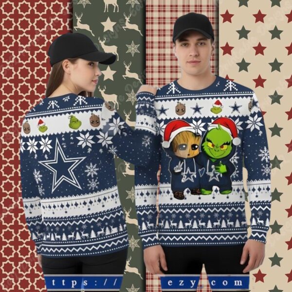 The Grinch And Baby Groot Dallas Cowboys Blue Funny Xmas Ugly Sweater