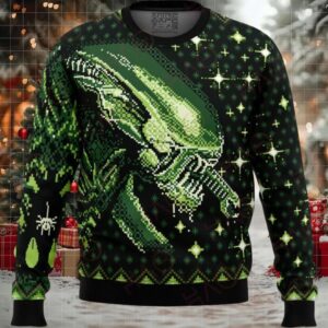 Alien Themed Pixel Art Ugly Christmas Sweater – Festive & Unique Holiday Knitwear