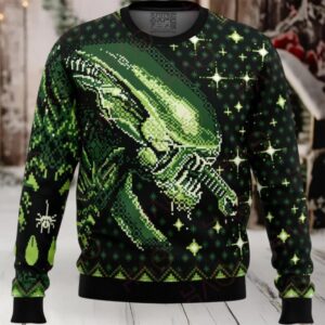 Alien Themed Pixel Art Ugly Christmas Sweater – Festive & Unique Holiday Knitwear