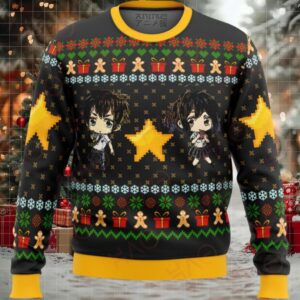 Anime Holiday Sweater – Festive Christmas Chibi Characters & Gingerbread Design