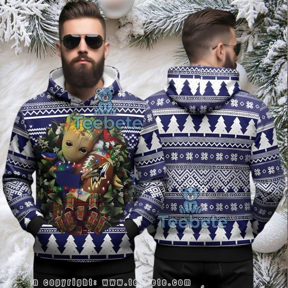 Baltimore Ravens Christmas Baby Groot Ugly 3D Hoodie Baltimore Ravens Christmas Baby Groot Ugly 3D Hoodie